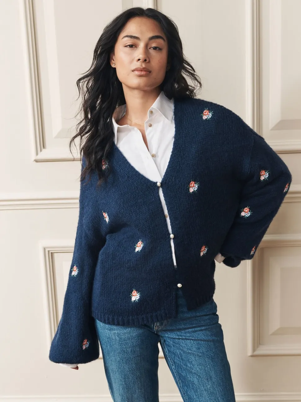 marine - Cardigan Laura Ashley Fleuri Brodé