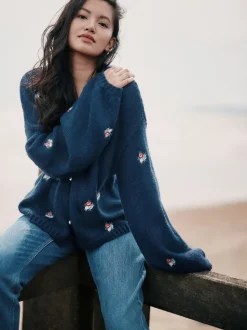 marine - Cardigan Laura Ashley Fleuri Brodé