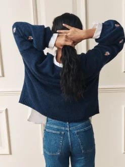 marine - Cardigan Laura Ashley Fleuri Brodé