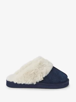 marine - Chaussons mules en daim doublés de fausse fourrure