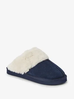 marine - Chaussons mules en daim doublés de fausse fourrure
