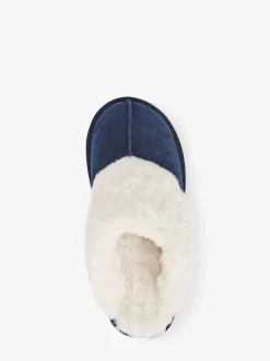 marine - Chaussons mules en daim doublés de fausse fourrure
