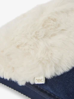 marine - Chaussons mules en daim doublés de fausse fourrure