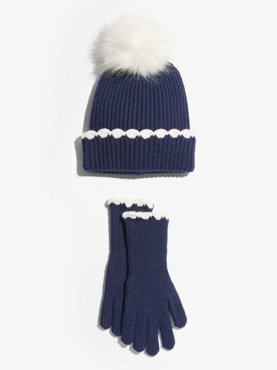 marine - Ensemble bonnet et Gants Love & Roses à pompon côtelé bordé de pétoncles