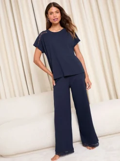 marine - Ensemble pyjama Lipsy en jersey à Manches courtes bordé de dentelle Pantalons