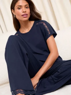 marine - Ensemble pyjama Lipsy en jersey à Manches courtes bordé de dentelle Pantalons