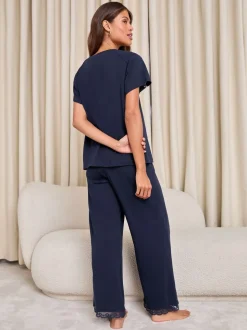 marine - Ensemble pyjama Lipsy en jersey à Manches courtes bordé de dentelle Pantalons