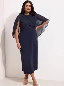 marine - Friends Like These Robe mi-longue asymétrique en mousseline avec cape en scuba