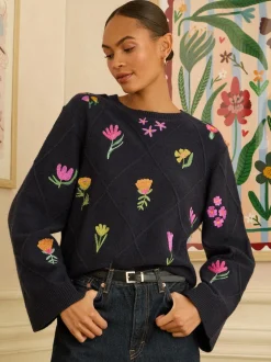 marine - Love & Roses pull en maille brodée