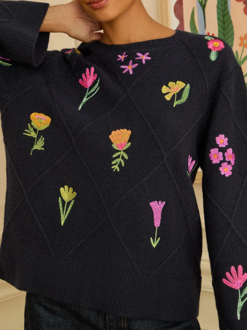 marine - Love & Roses pull en maille brodée