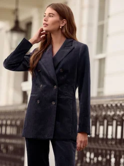 marine - N. Blazer croisé en velours côtelé haut de gamme