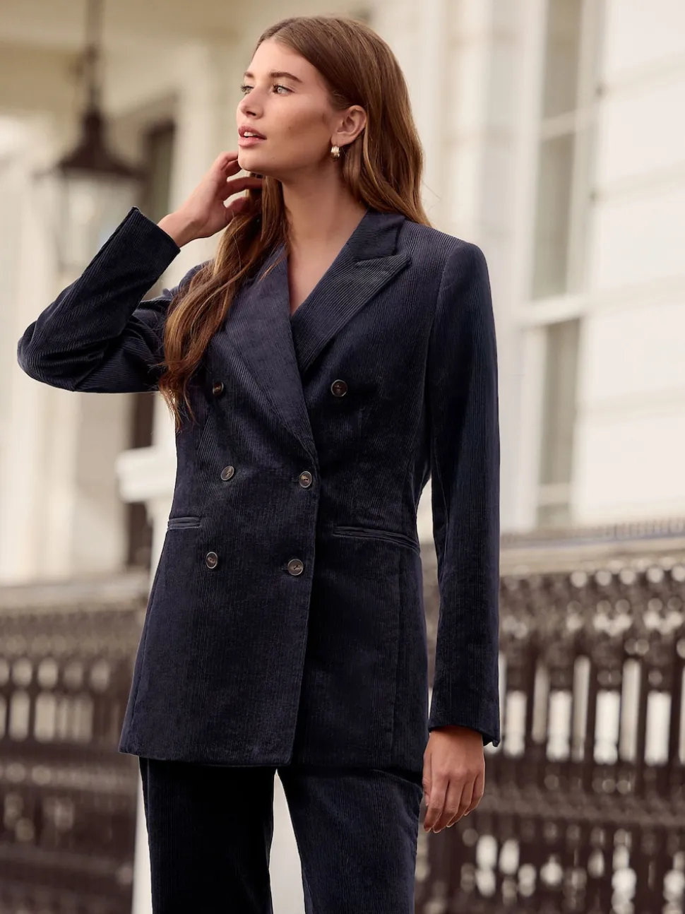 marine - N. Blazer croisé en velours côtelé haut de gamme