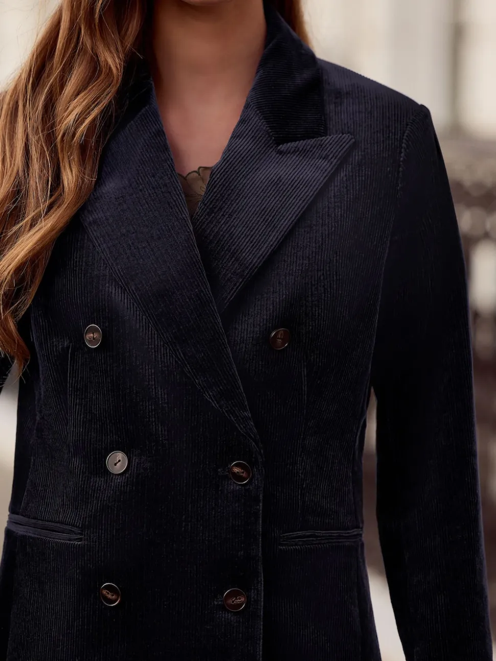 marine - N. Blazer croisé en velours côtelé haut de gamme