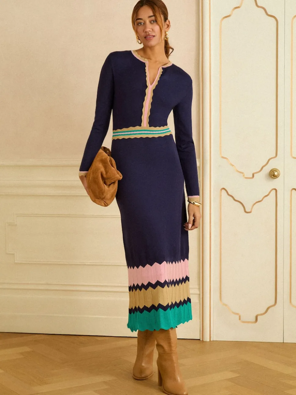marine - Robe mi-longue Love & Roses en maille à encolure crantée