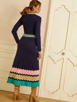 marine - Robe mi-longue Love & Roses en maille à encolure crantée