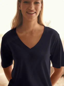 marine - T-shirt Col en V souple en coton modal