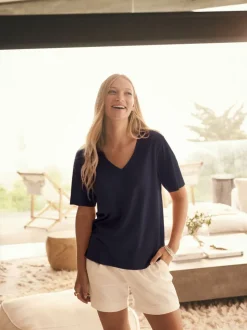 marine - T-shirt Col en V souple en coton modal