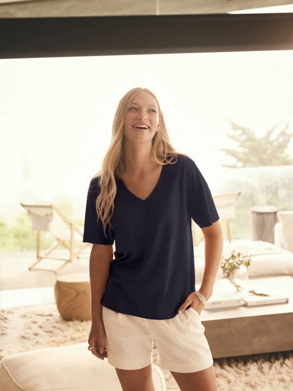 marine - T-shirt Col en V souple en coton modal