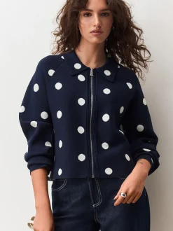 Marine Polka Dot - Veste zippée élégante en maille à col
