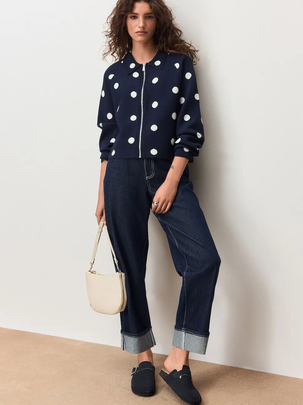Marine Polka Dot - Veste zippée élégante en maille à col