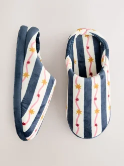 Marine/Blanc - Chaussons mules en peluche à rayures