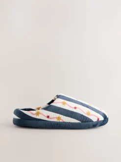 Marine/Blanc - Chaussons mules en peluche à rayures