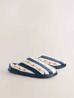 Marine/Blanc - Chaussons mules en peluche à rayures