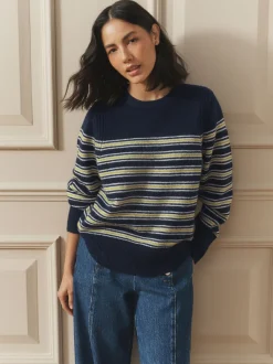 Marine/White Stripe - Laura Ashley Pull Col rond avec une touche de laine