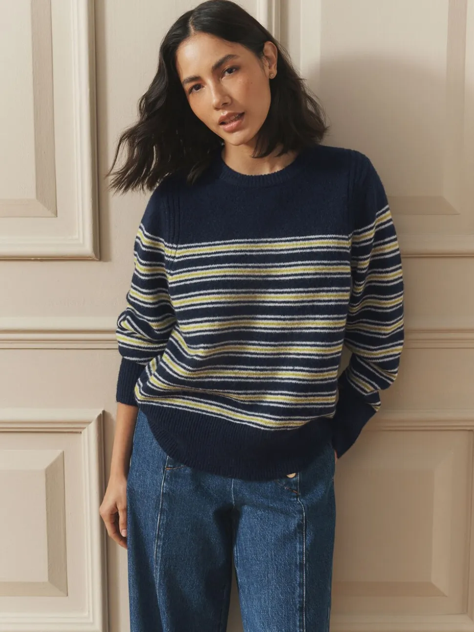 Marine/White Stripe - Laura Ashley Pull Col rond avec une touche de laine