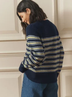 Marine/White Stripe - Laura Ashley Pull Col rond avec une touche de laine