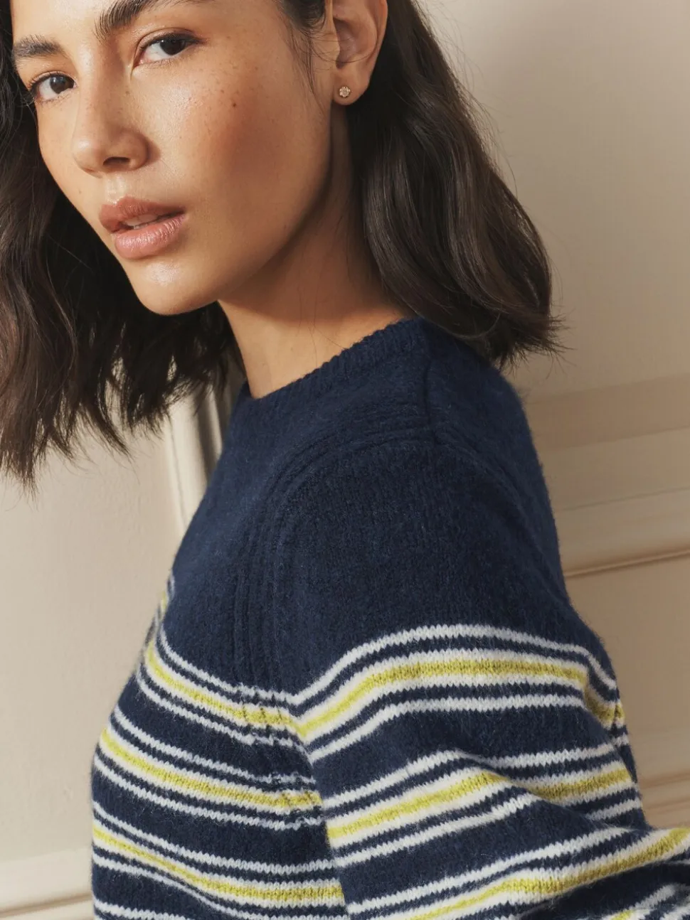 Marine/White Stripe - Laura Ashley Pull Col rond avec une touche de laine
