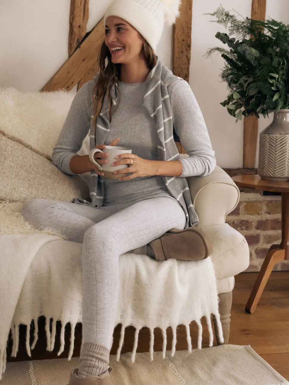 Marl gris - Leggings en maille pointelle douillette haute taille thermique