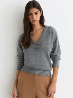 Marl gris - Pull en maille à col en laine et cachemire Reiss Flo