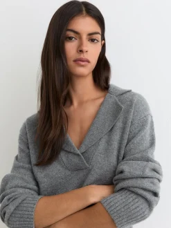 Marl gris - Pull en maille à col en laine et cachemire Reiss Flo