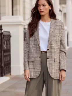 Marron - Blazer N. Premium à carreaux, riche en lin, simple boutonnage