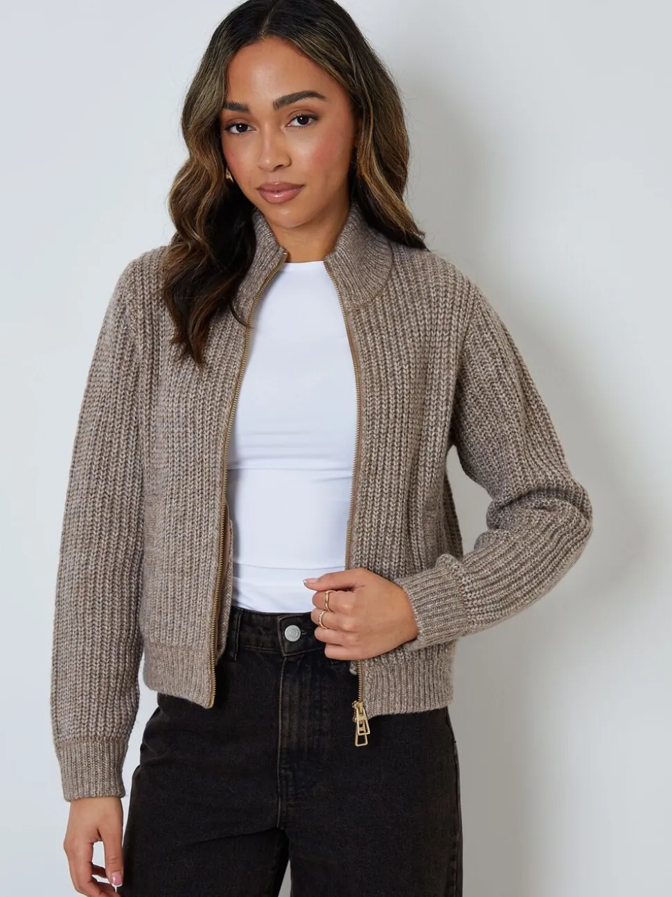 Marron - Blouson Threadbare zippé en maille
