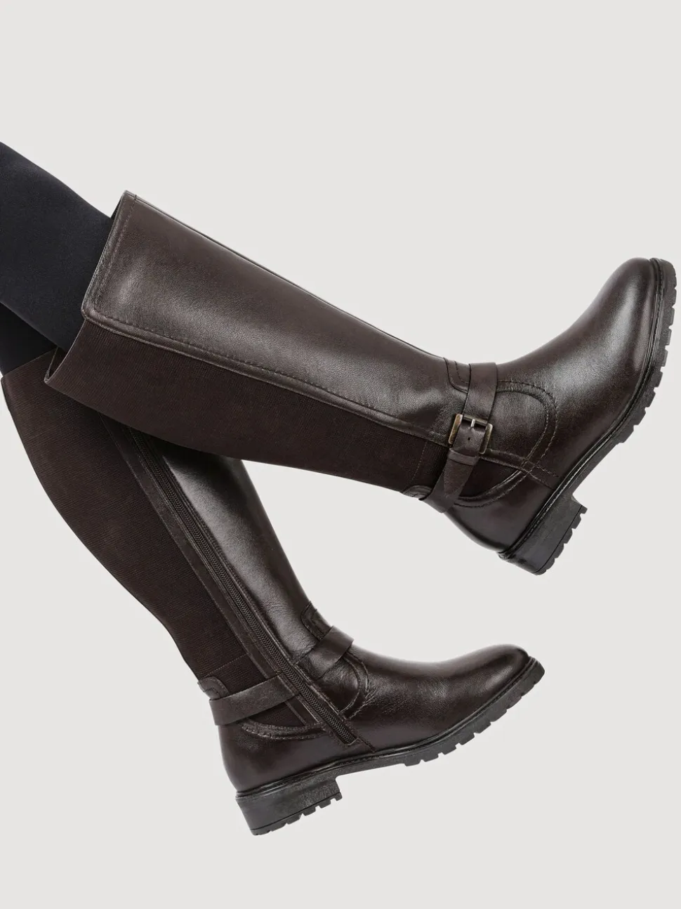 Marron - Bottes longues Pavers Wide Fit en cuir élastique
