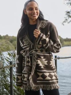Marron - Cardigan à franges South Beach Jacquard Wasit en maille à cravate