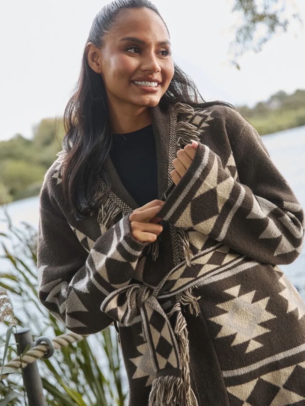 Marron - Cardigan à franges South Beach Jacquard Wasit en maille à cravate