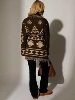 Marron - Cardigan à franges South Beach Jacquard Wasit en maille à cravate