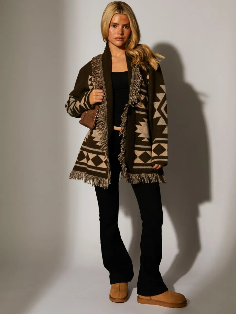 Marron - Cardigan à franges South Beach Jacquard Wasit en maille à cravate