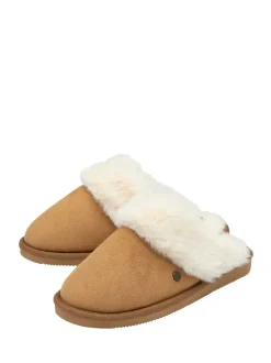 Marron - Dunlop Chaussons mules en faux daim col en fourrure