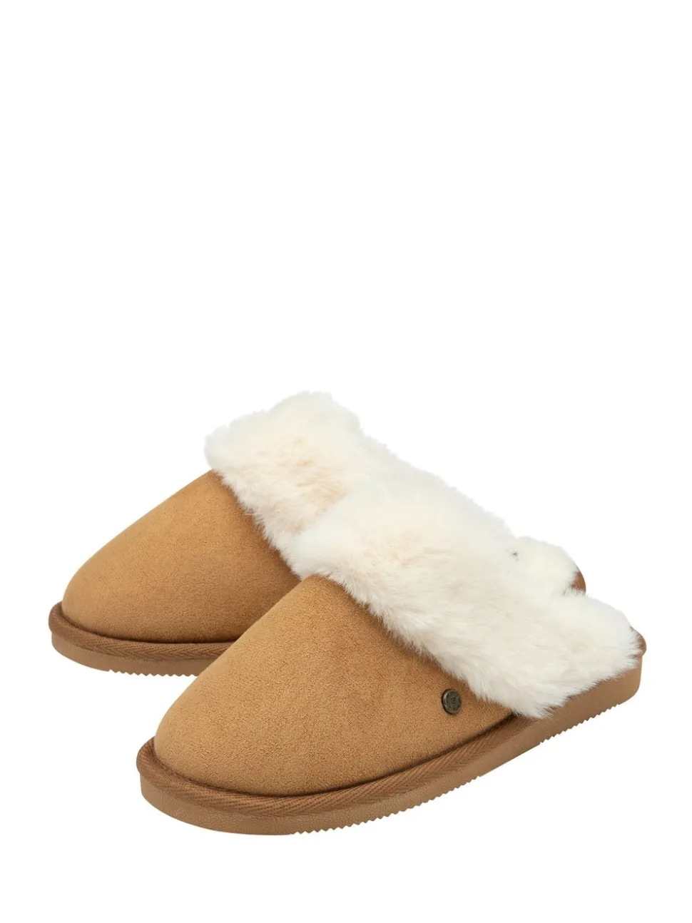 Marron - Dunlop Chaussons mules en faux daim col en fourrure