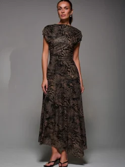 Marron - Jolie Moi Robe Midaxi asymétrique drapée à col coupé