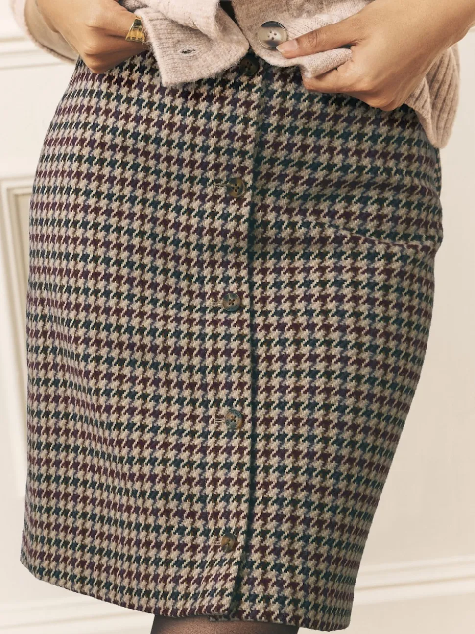 Marron - Jupe courte à carreaux Laura Ashley Dogtooth en laine