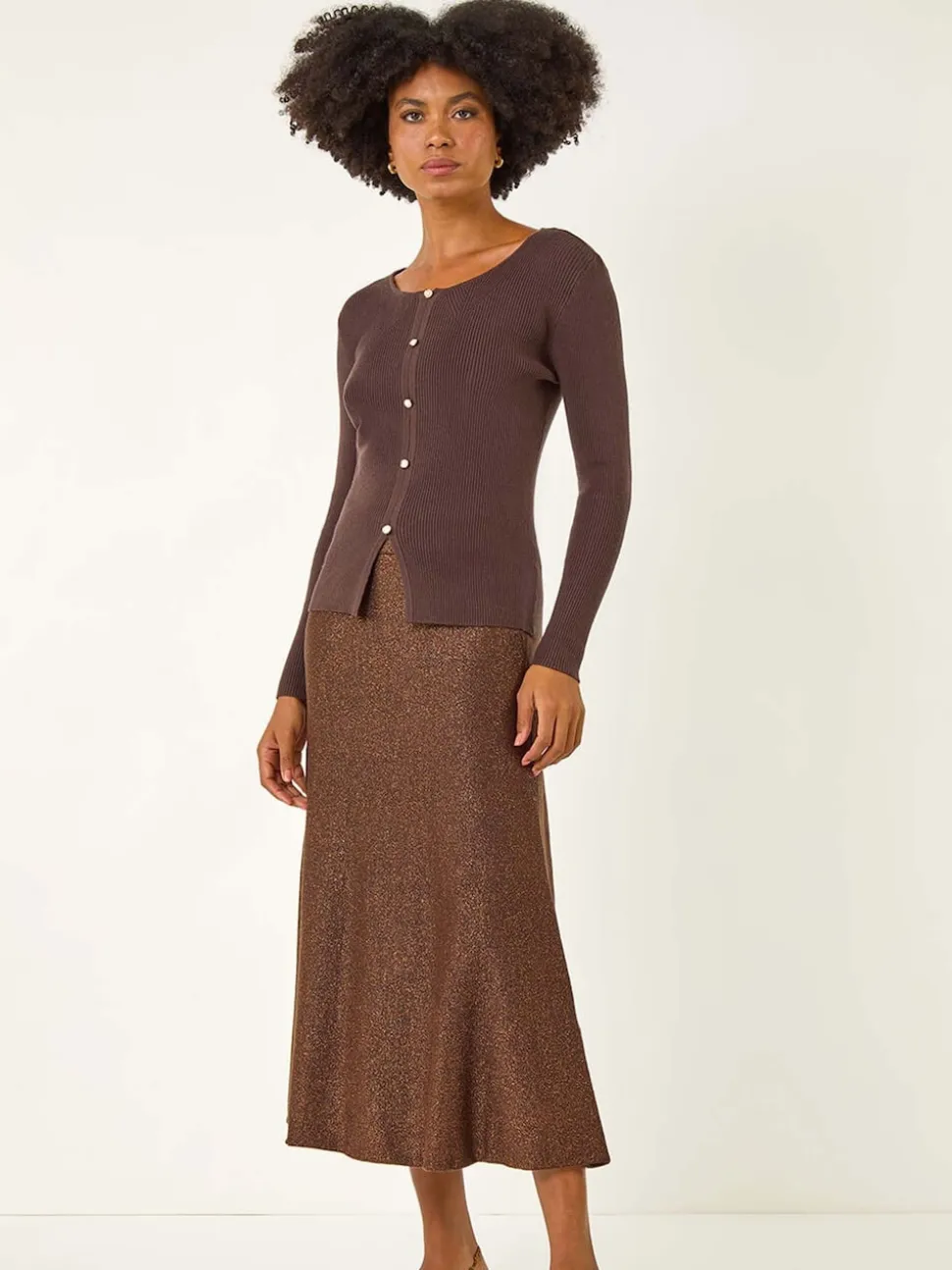 Marron - Jupe mi-longue Roman en maille brillante