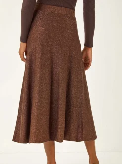 Marron - Jupe mi-longue Roman en maille brillante