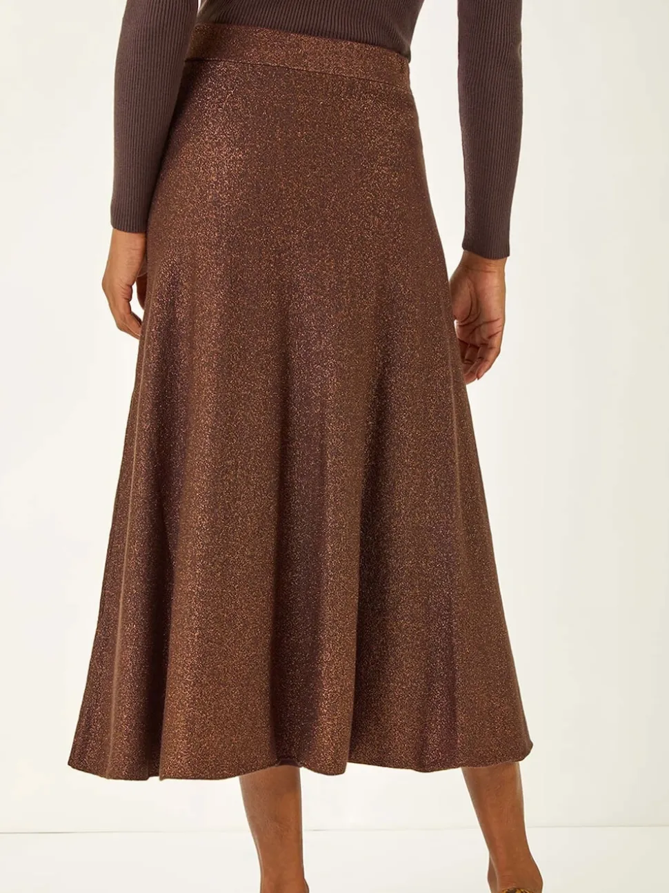 Marron - Jupe mi-longue Roman en maille brillante