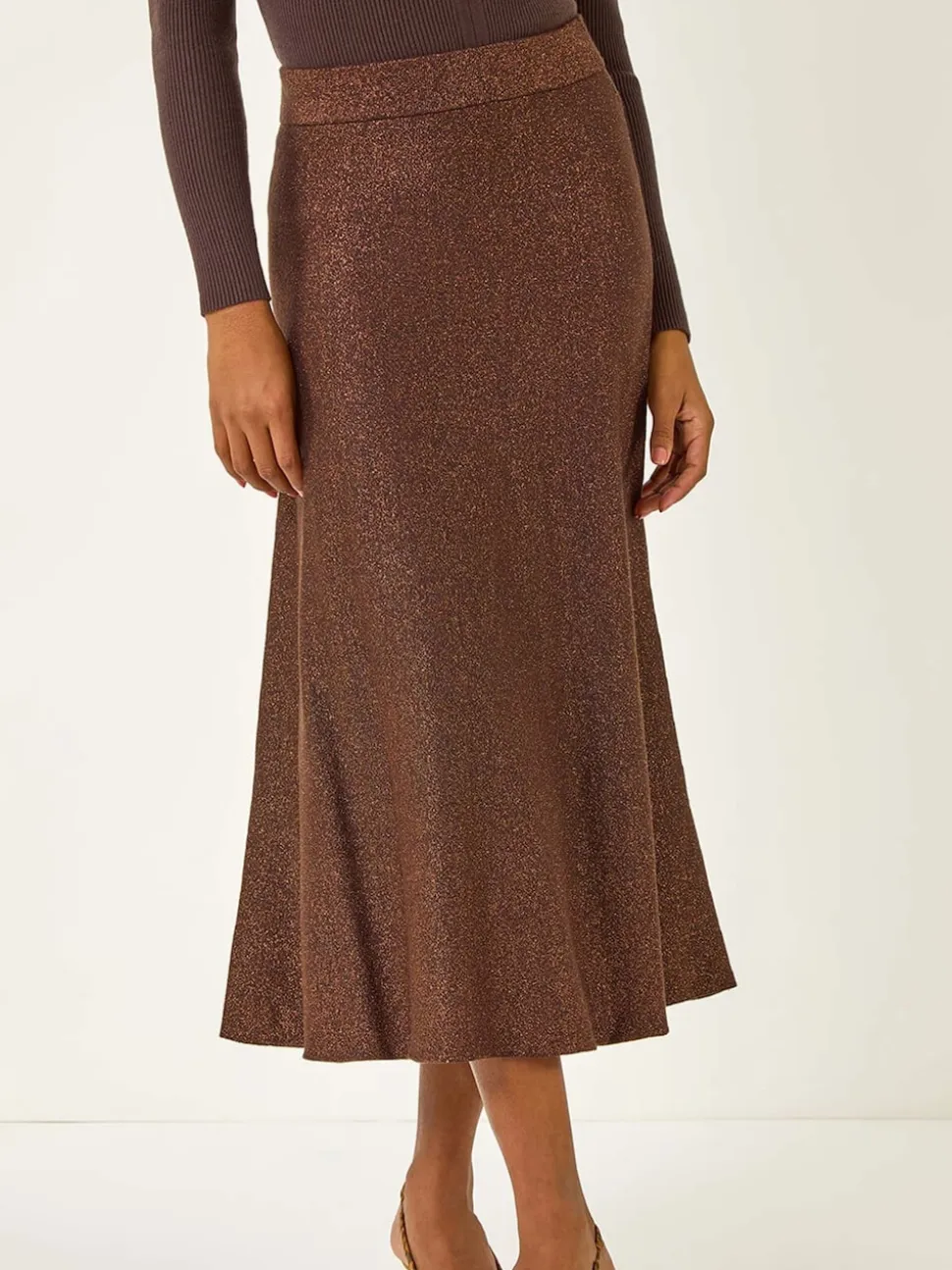 Marron - Jupe mi-longue Roman en maille brillante