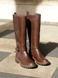 Marron - Linzi Bottes dorées à tige haute avec panneau latéral extensible et boucle